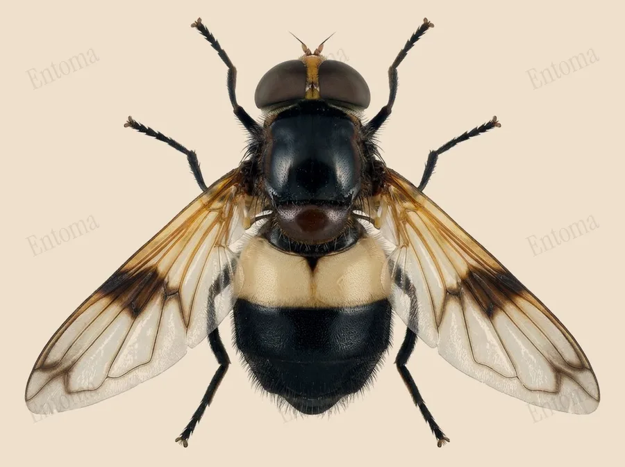 Pellucid hover fly, Volucella pellucens, plate